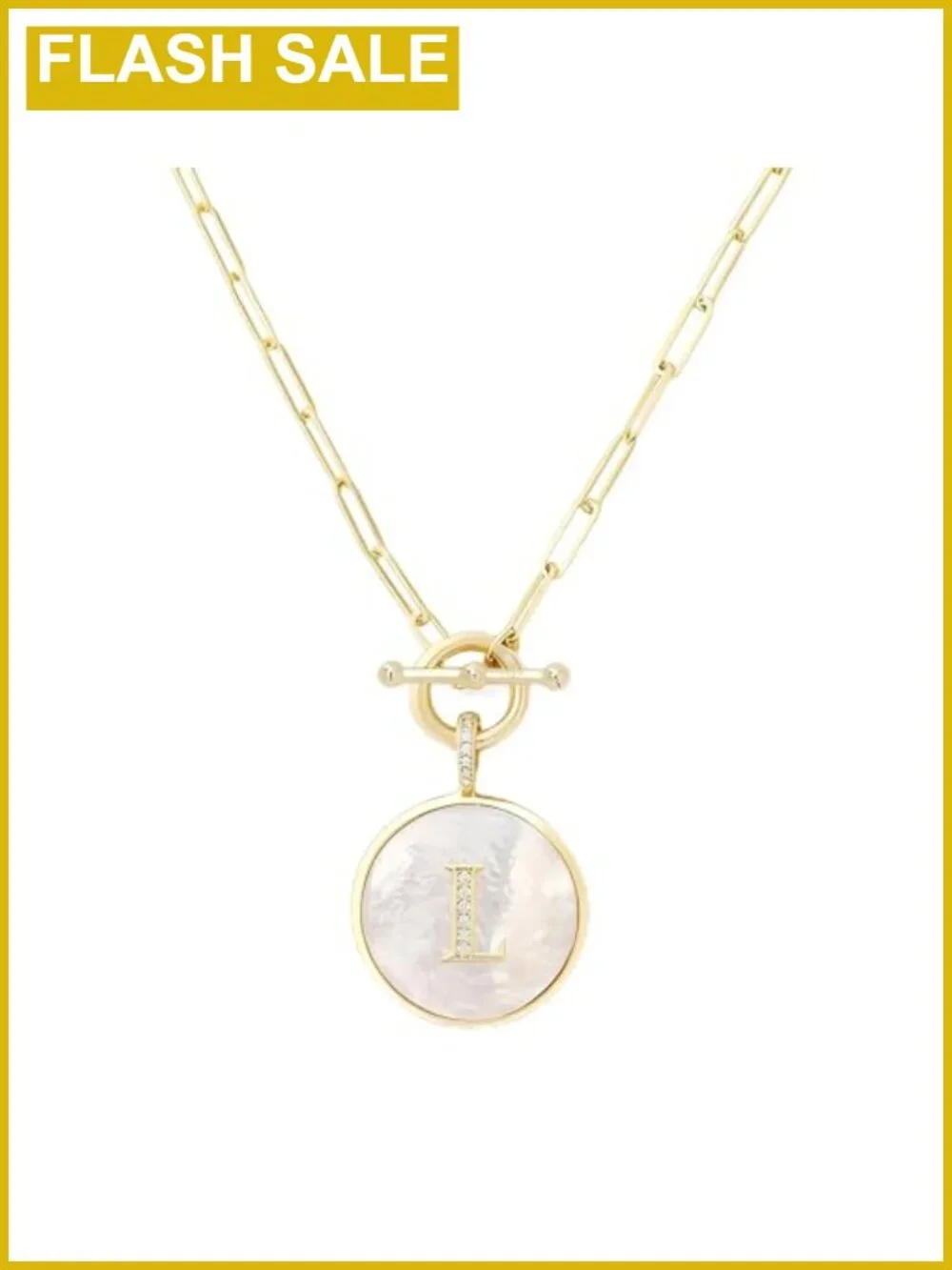 18K Gold Plated Initial Necklace Natural Crushed Mother of Pearl Medallion
